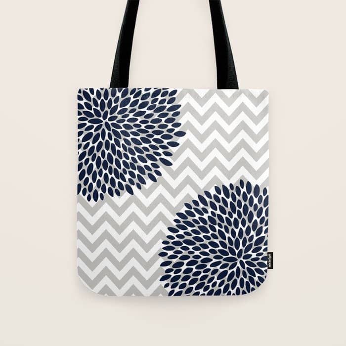 Chevron Floral Modern Navy And Grey Tote Bag