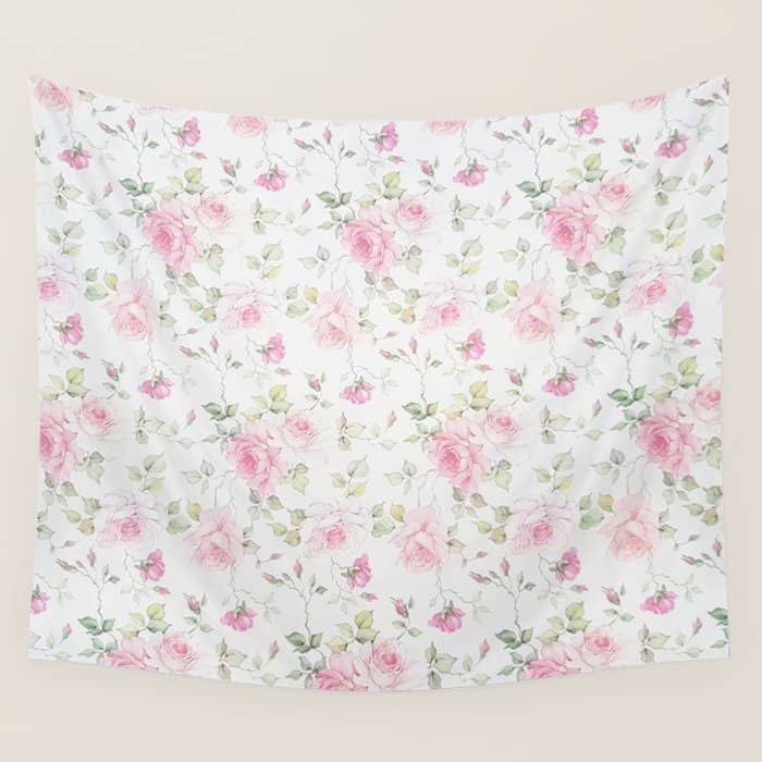 Elegant Blush Pink White Vintage Rose Floral Wall Tapestry
