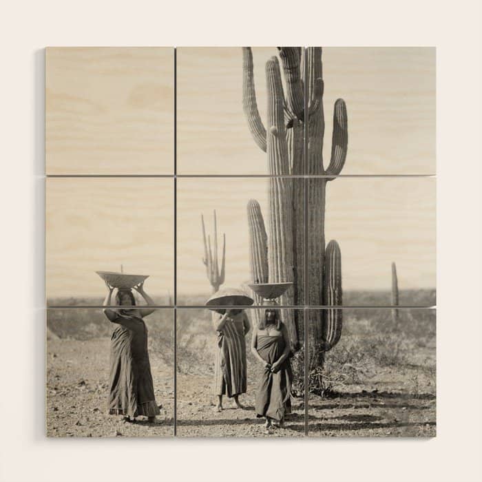 Vintage Native American Photo With Saguao Cactus Wood Wall Art