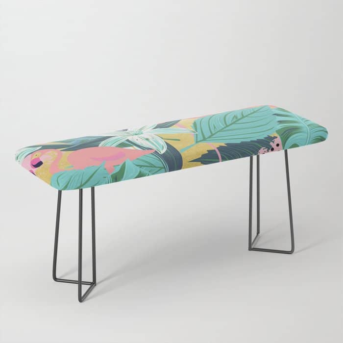 Flamingo Tropical, Colorful Modern Bohemian Eclectic Jungle Graphic Design, Blush Forest Gold Floral Bench