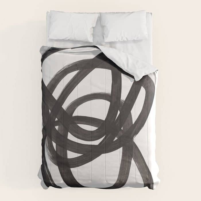 Black And White Minimalist Mid Century Abstract Ink Art Circle Swirls Black Circles Minimal Comforter