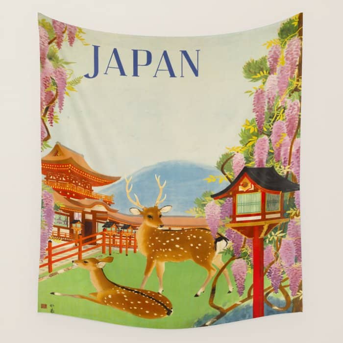 Vintage Mid Century Modern Japan Travel Poster Deer Red Pagoda Wisteria Garden Wall Tapestry