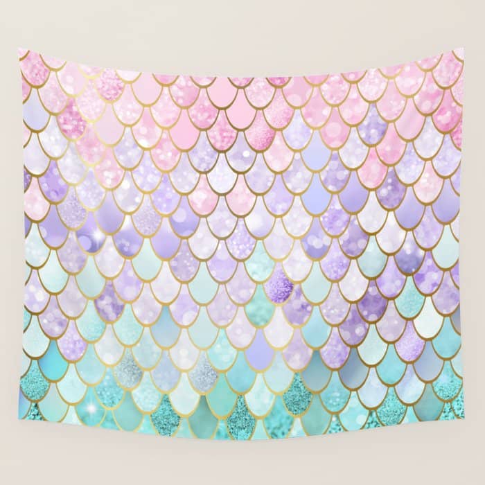 Mermaid Art, Pastel And Gold Wall Tapestry
