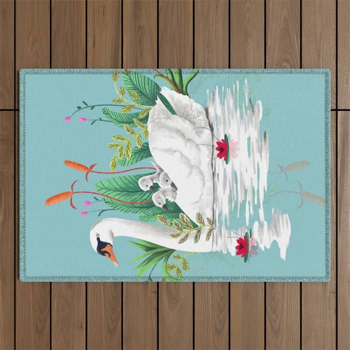 Bond, Jungle Animals, Swan Family Nature Pond Illustration, Bohemian Ducks Love Colorful Botanical Outdoor Rug