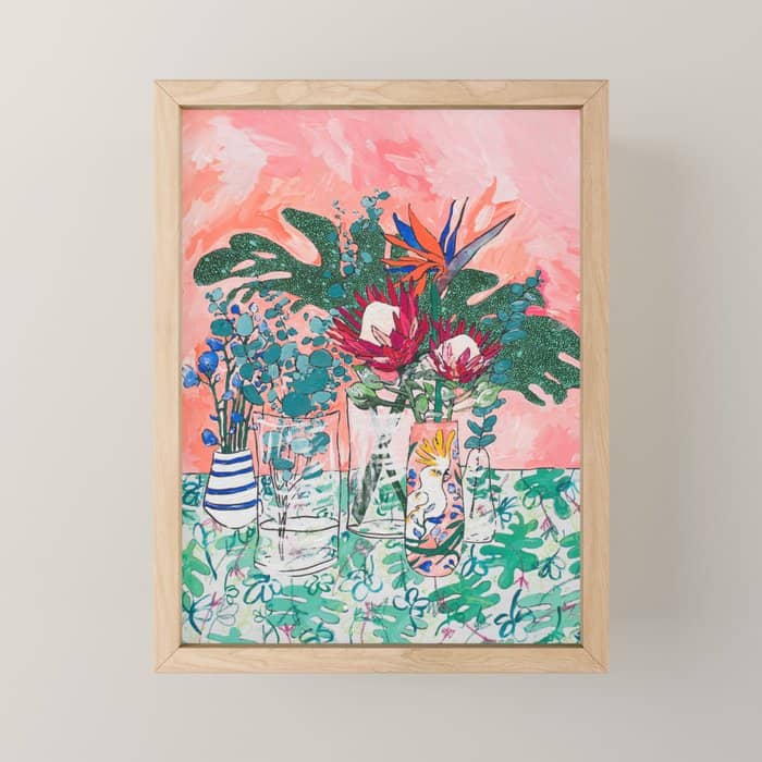 Cockatoo Vase - Bouquet Of Flowers On Coral And Jungle Mini Art Print