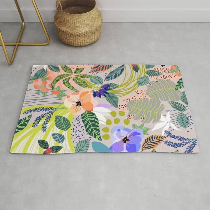 Wander, Floral Colorful Summer Modern Bohemian Illustration, Nature Blush Botanical Tropical Garden Rug