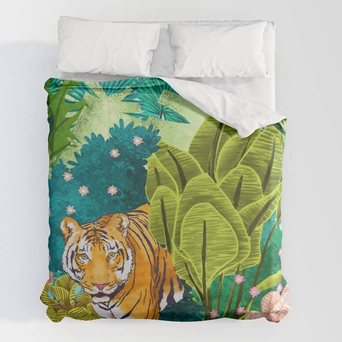 Jungle Tiger | Modern Bohemian Colorful Forest | Tropical Botanical Nature Watercolor Painting Duvet Cover