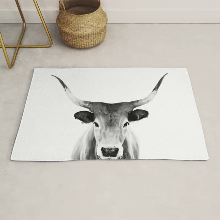 Wild Longhorn Cow Print - Black White Cow Portrait - Animal - Travel Photograpy Rug