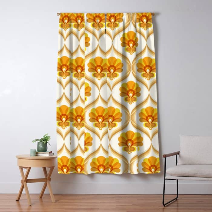 Ivory, Orange, Yellow And Brown Floral Retro Vintage Pattern Window Curtain