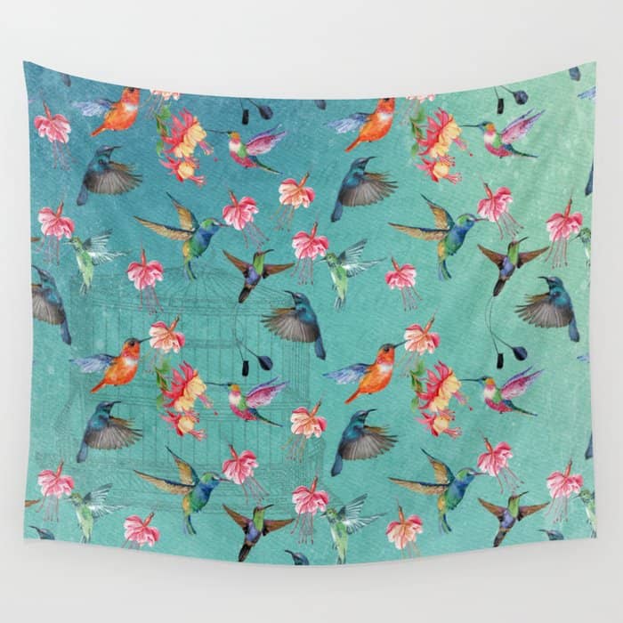 Vintage Watercolor Hummingbirds And Fuchsia Flowers Wall Tapestry