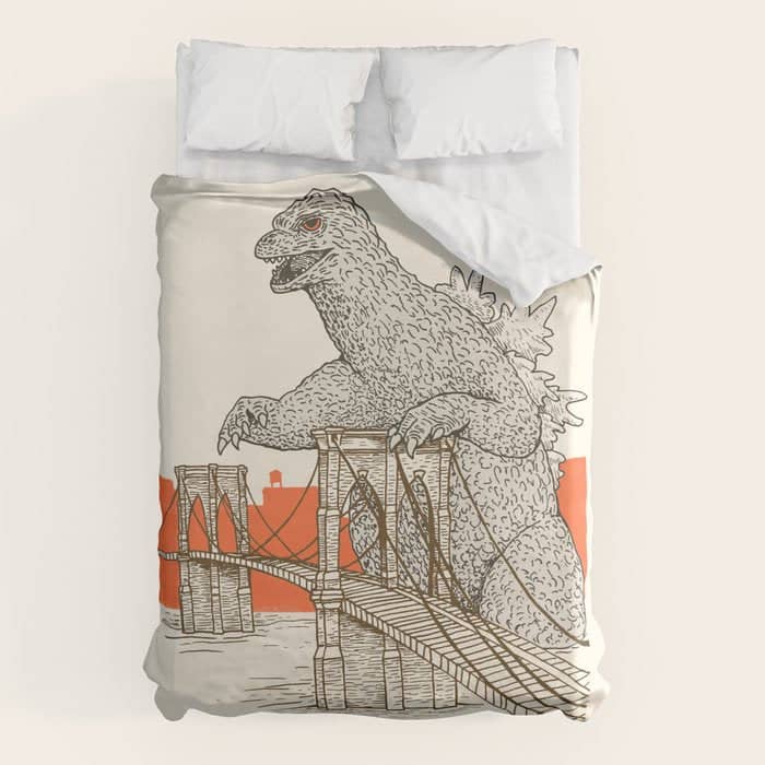 Godzilla Vs. The Brooklyn Bridge Duvet Cover