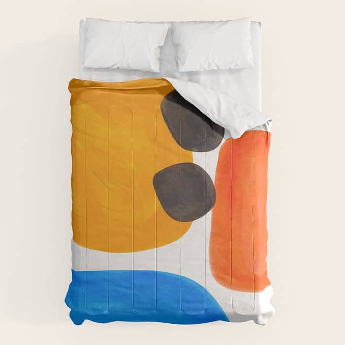 Abstract Mid Century Modern Colorful Minimal Pop Art Yellow Orange Blue Bubbles Ovals Comforter