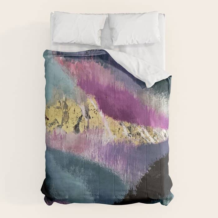 Gemini: A Vibrant, Colorful Abstract Piece In Gold, Purple, Blue, Black, And White Comforter