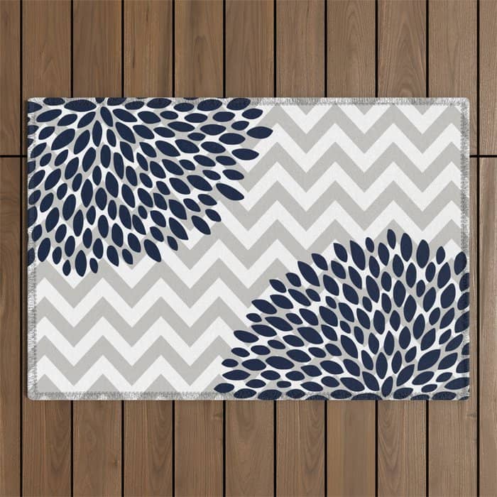 Chevron Floral Modern Navy And Grey Outdoor Rug