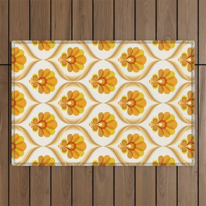 Ivory, Orange, Yellow And Brown Floral Retro Vintage Pattern Outdoor Rug