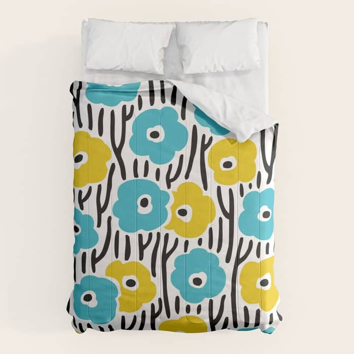 Wild Flowers Pattern Turquoise And Yellow Comforter