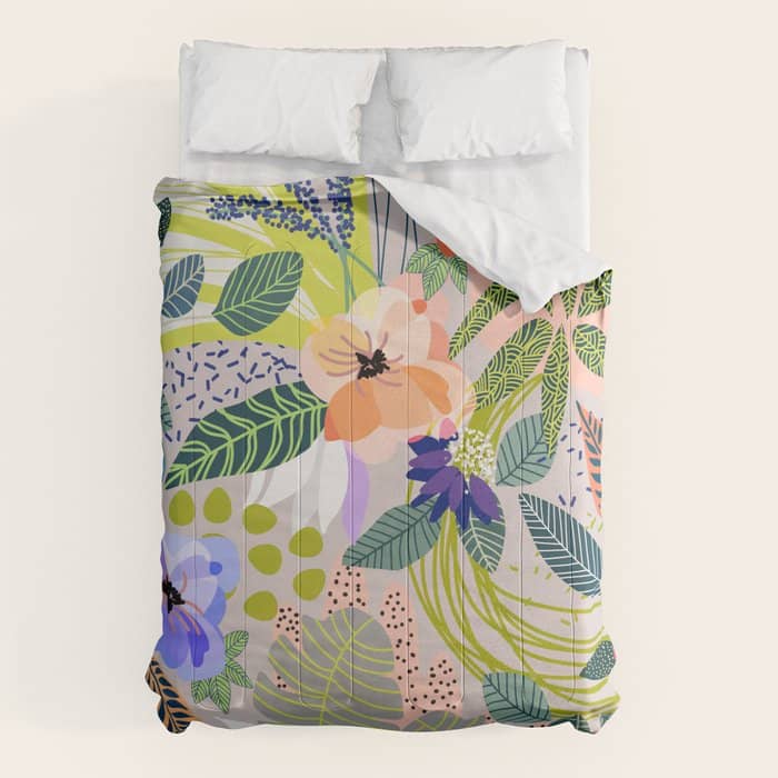 Wander, Floral Colorful Summer Modern Bohemian Illustration, Nature Blush Botanical Tropical Garden Comforter