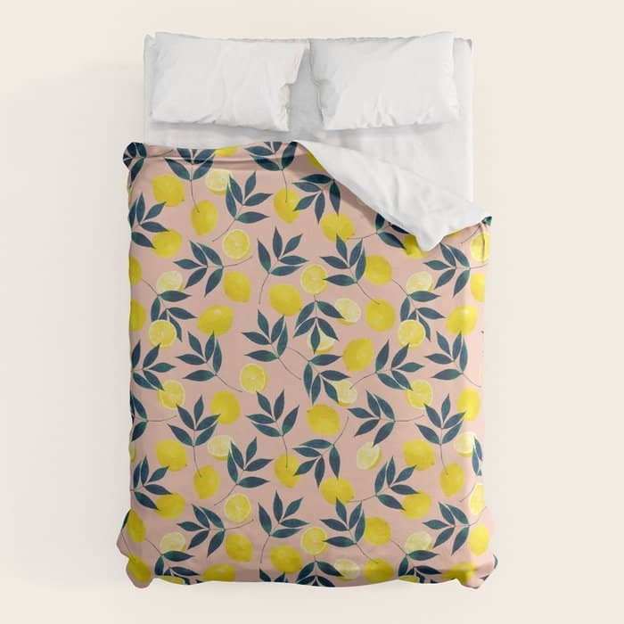 Lemon Goodness, Botanical Nature Forest Illustration, Bohemian Blush Colorful Painting Duvet Cover