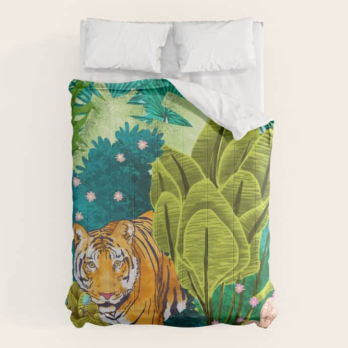 Jungle Tiger | Modern Bohemian Colorful Forest | Tropical Botanical Nature Watercolor Painting Comforter