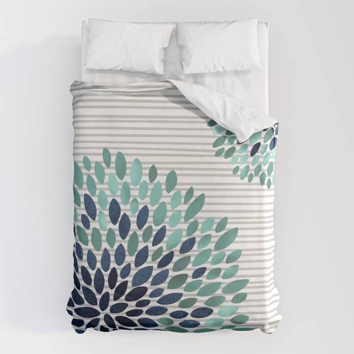 Blooms And Stripes, Aqua And Navy Duvet Cover
