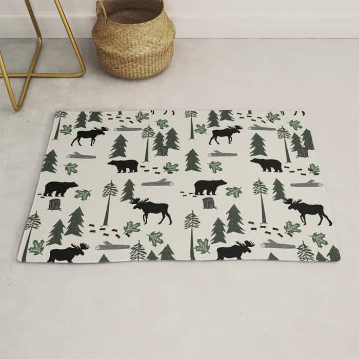 Camping Woodland Forest Nature Moose Bear Pattern Nursery Gifts Rug