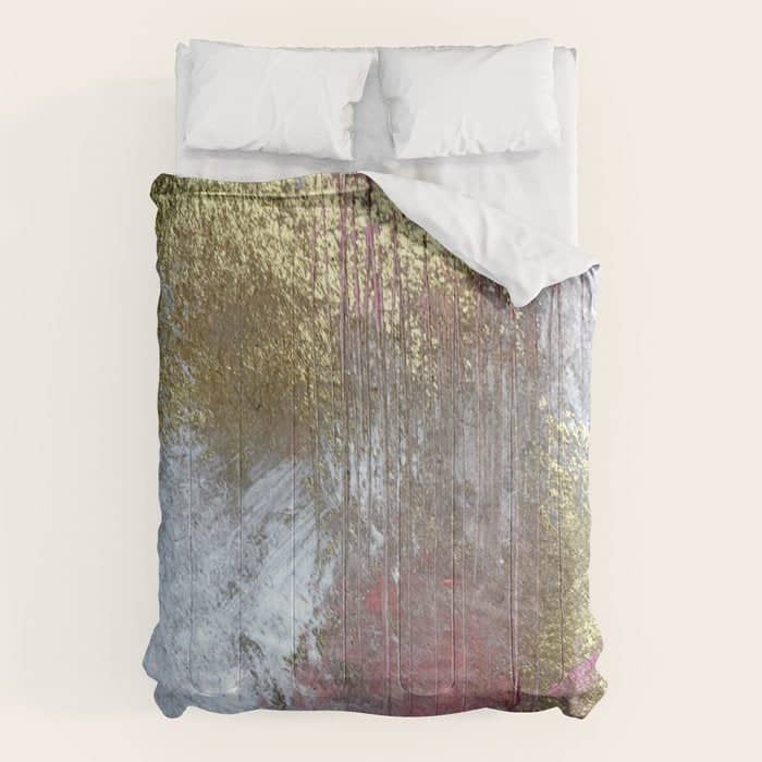 Golden Girl: A Pretty Abstract Mixed Media Piece In Pink, White, Gold, And Gray Comforter