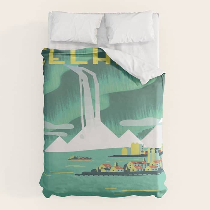 Vintage Mid Century Modern Iceland Scandinavian Travel Poster Ocean Whale Winter Village Duvet Cover