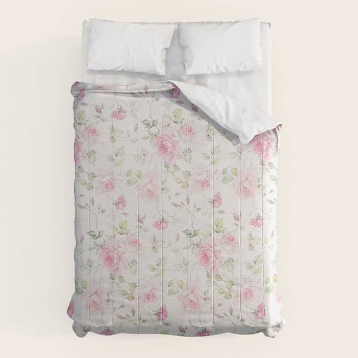 Elegant Blush Pink White Vintage Rose Floral Comforter
