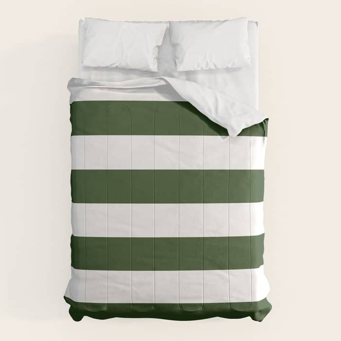 Large Dark Forest Green And White Cabana Tent Stripes Comforter