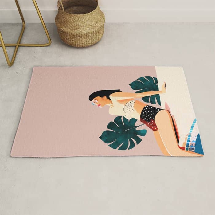Sunday, Summer Swim Poolside Fashion, Bohemian Woman Sunbath Tan Bikini Monstera Tropical Travel Rug