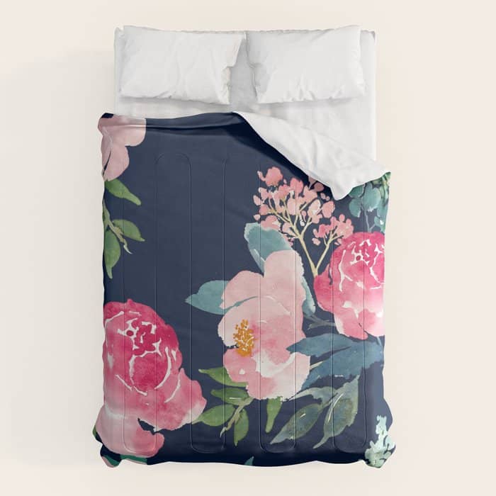 Navy And Pink Watercolor Peony Comforter