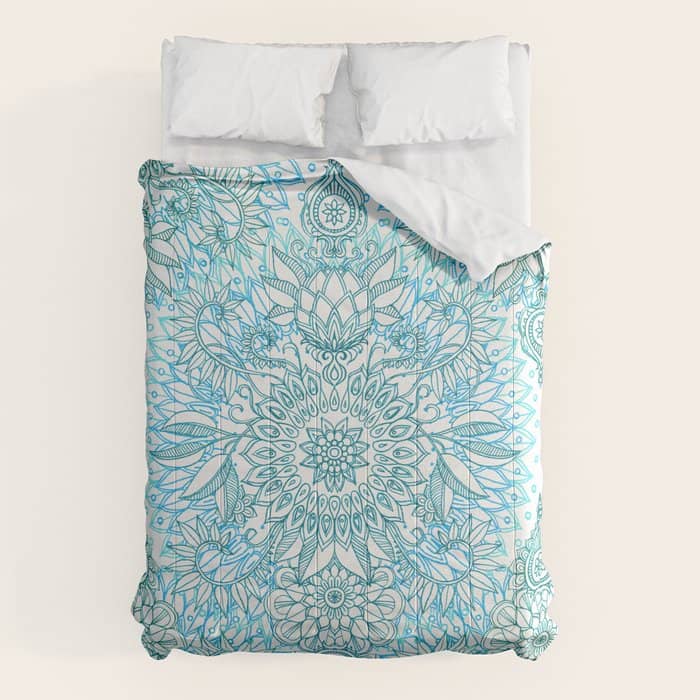 Turquoise Blue, Teal & White Protea Doodle Pattern Comforter