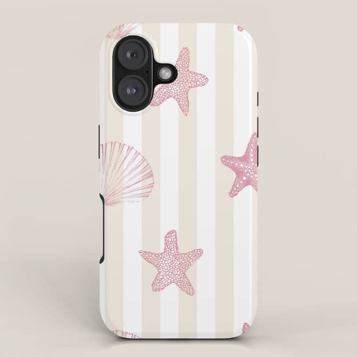 Blush Pink Seashell & Starfish On Beige And White  Iphone Case