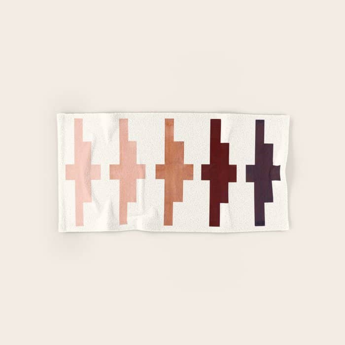 Mid Century Minimalist Ancient Aztec Inca Geometric Pattern Watercolor Raw Umber Colorful Gouache Pa Bath Towel