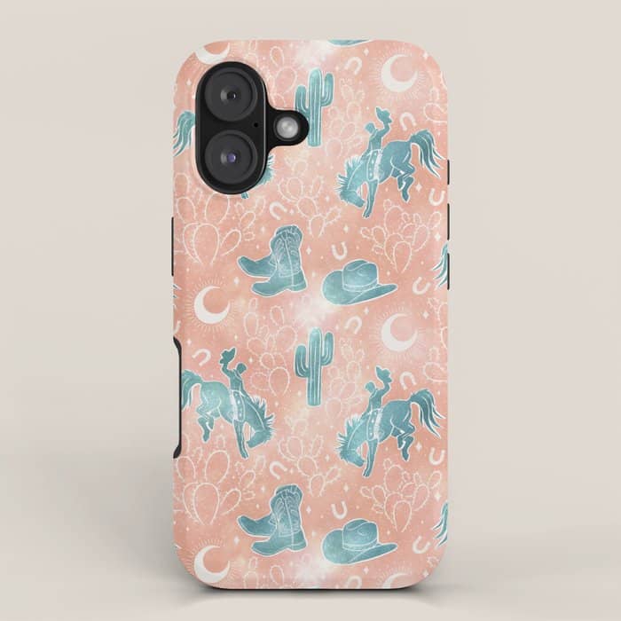 Cosmic Cowboys And Cacti -  Peach And Turquoise  Iphone Case