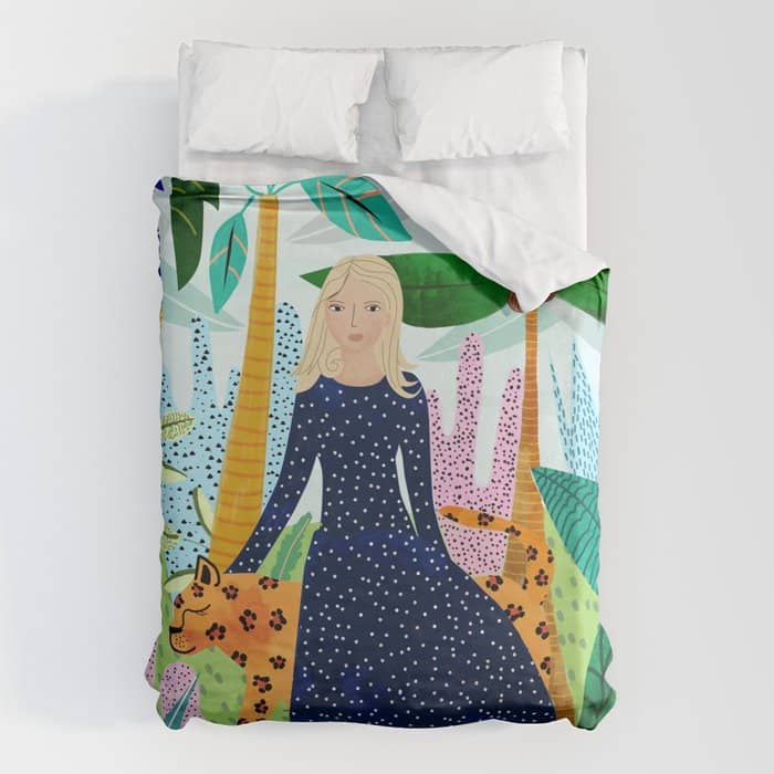 African Safari, Colorful Tropical Jungle Travel, Botanical Watercolor, Blonde Woman With A Leopard Duvet Cover