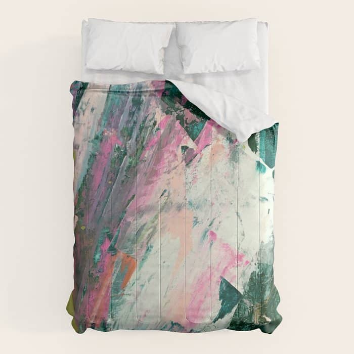 Meditate [2]: A Vibrant, Colorful Abstract Piece In Bright Green, Teal, Pink, Orange, And White Comforter
