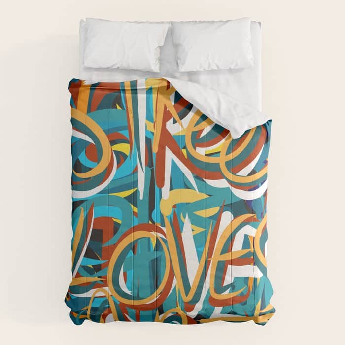 Street Loves Art Graffiti Urban Art Writing Blue And Yellow Comforter