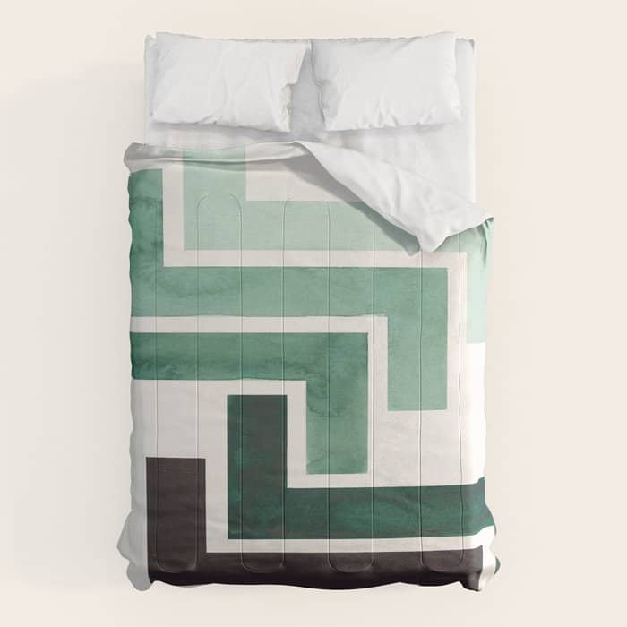 Deep Green Pattern Mid-Century Modern Simple Geometric Pattern Watercolor Minimalist Art Squares Comforter