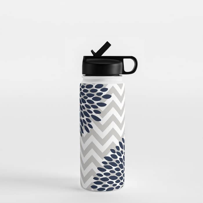 Chevron Floral Modern Navy And Grey Water Bottle