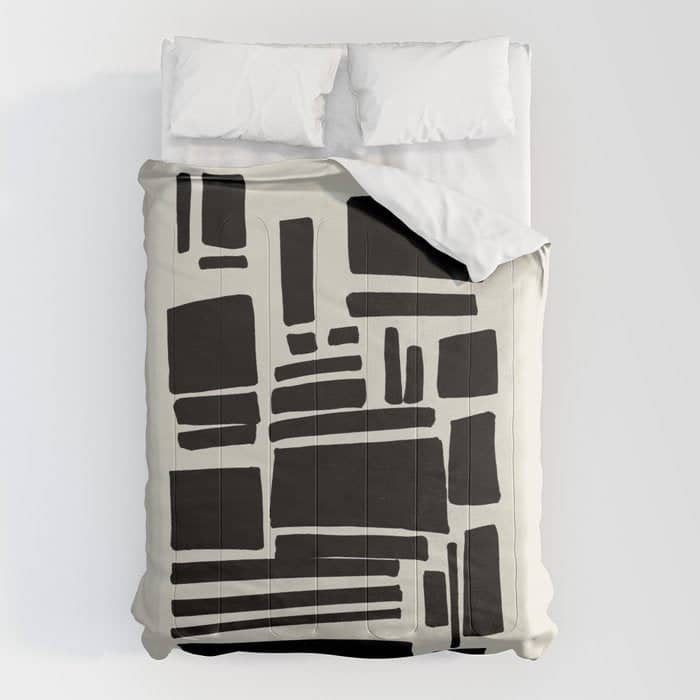 Black & White Minimalist Abstract Shapes Patterns Black Ink Painting Comforter