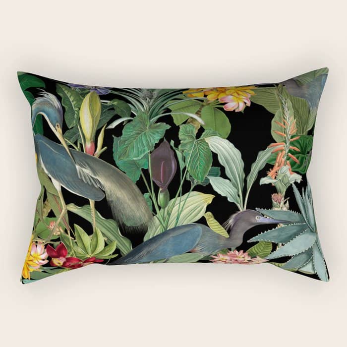 Vintage & Shabby Chic - Midnight Tropical Garden Blue Heron Rectangular Pillow