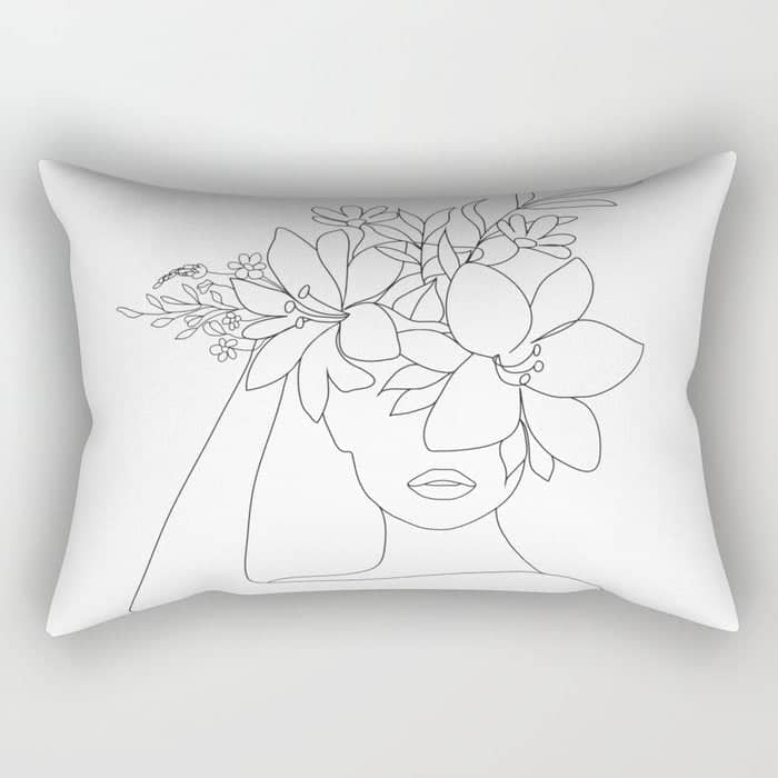 Minimal Line Art Woman With Flowers Vi Rectangular Pillow