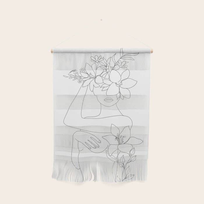 Minimal Line Art Woman With Flowers Vi Wall Hanging