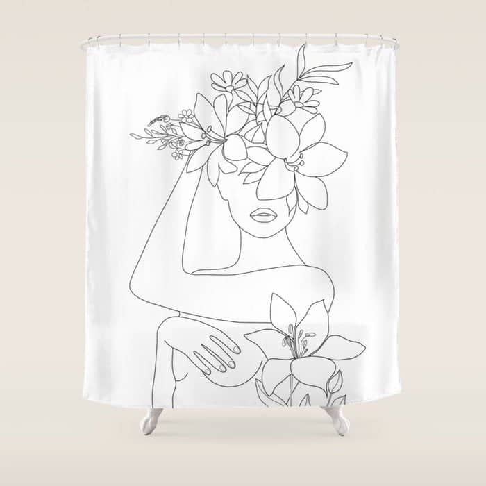 Minimal Line Art Woman With Flowers Vi Shower Curtain
