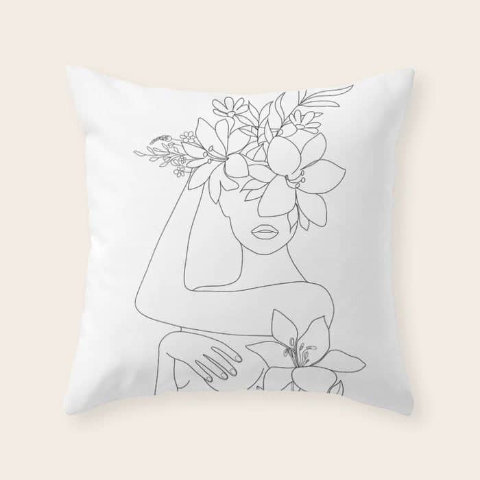 Minimal Line Art Woman With Flowers Vi Throw Pillow