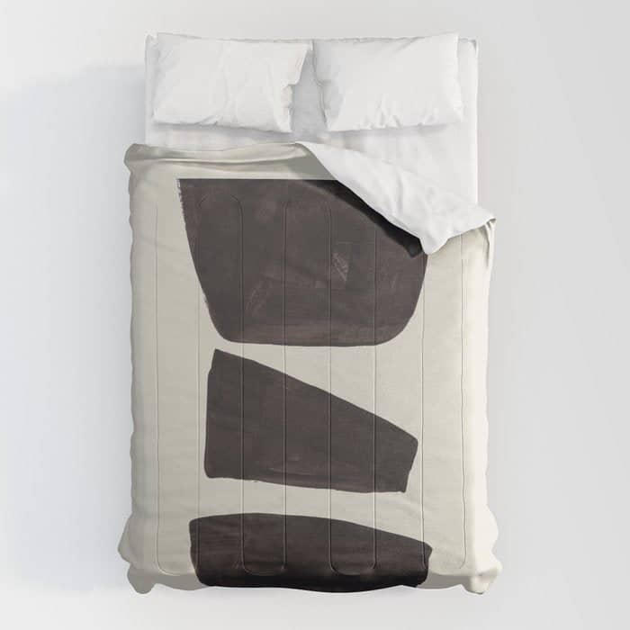 Black & White Minimalist Abstract Shapes Patterns Black Ink Painting Comforter