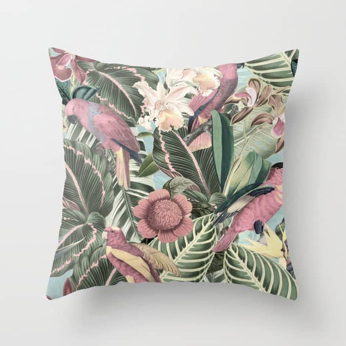 Vintage & Shabby Chic - Sepia Pink Tropical Bird Summer Garden Throw Pillow