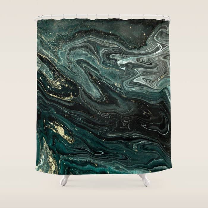 Abstract Pour Painting Liquid Marble Abstract Dark Green Painting Gold Accent Agate Stone Layers Shower Curtain