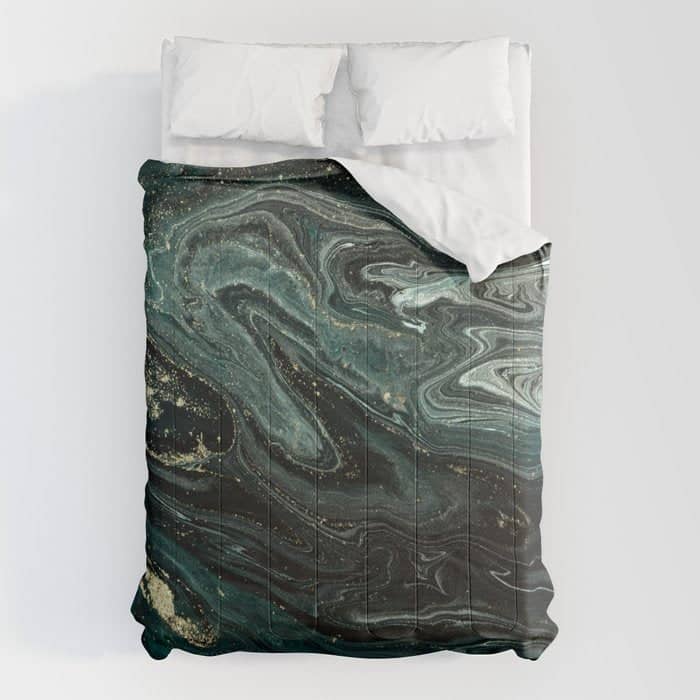 Abstract Pour Painting Liquid Marble Abstract Dark Green Painting Gold Accent Agate Stone Layers Comforter